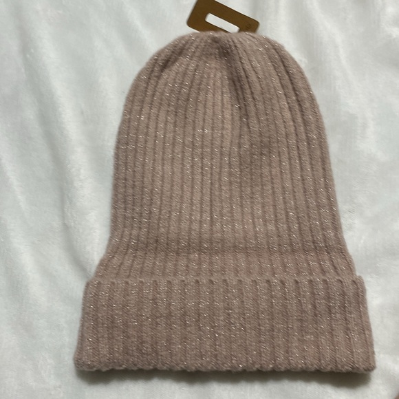 NEW SET-SILVER METALLIC FIBER STITCHING MAUVE HAT & GLOVES W/ BROWN BOW - Picture 2 of 7